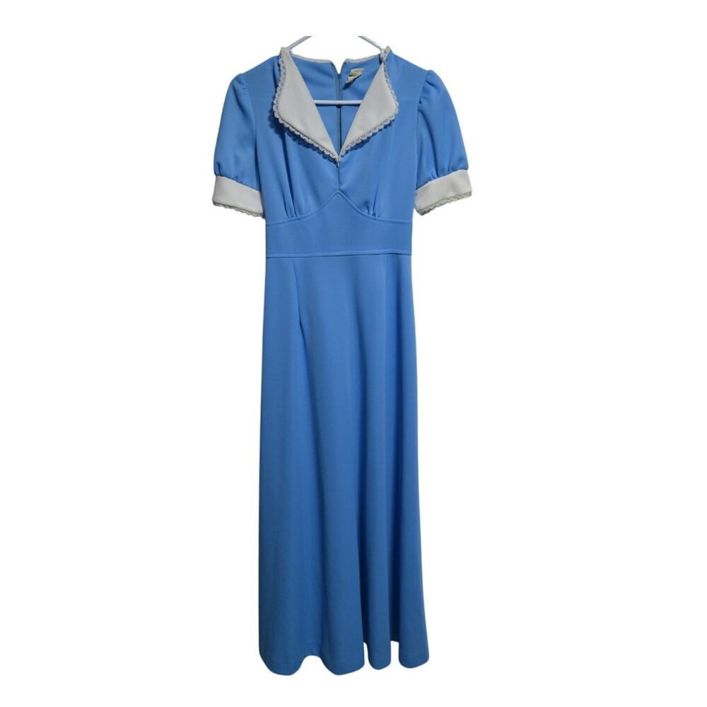 Vintage 1970's Blue Puff Sleeve Prairie Maxi Dress Size Small Retro Nostalgic